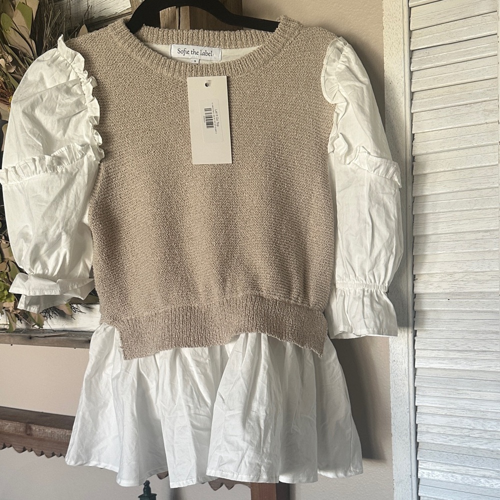 Beige Knit Vest with White Ruffle Sleeves